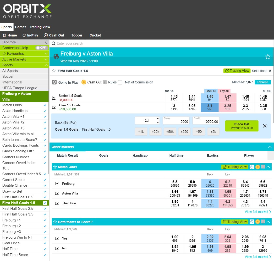 OrbitX exchange interface showing Freiburg vs Aston Villa Back and Lay markets with active bet slip