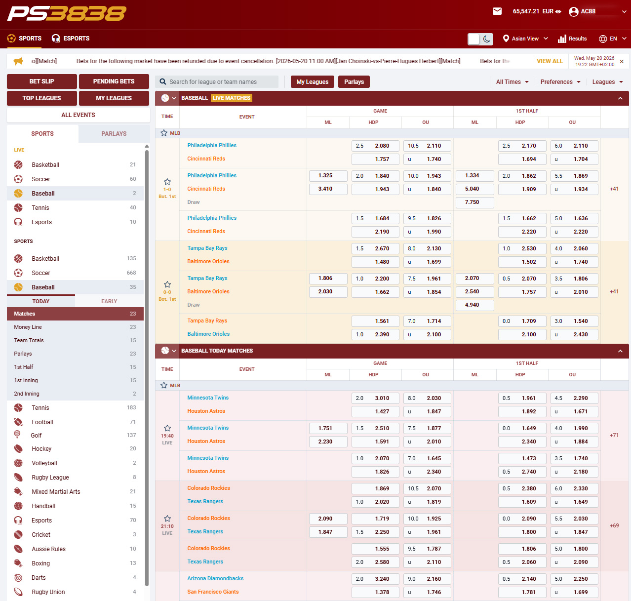PS3838 desktop interface in light mode showing baseball Asian Handicap, Money Line, and Over/Under markets