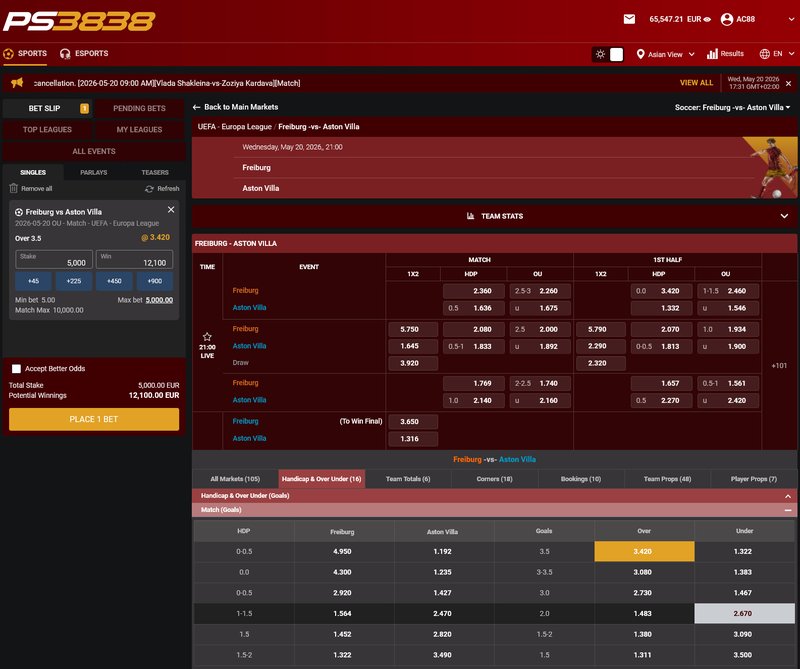 PS3838 desktop interface showing Freiburg vs Aston Villa Asian Handicap and Over/Under markets