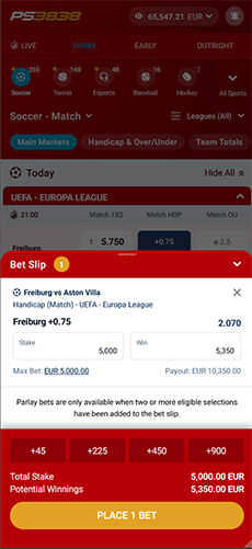 PS3838 mobile bet slip showing a €5,000 stake on Freiburg with €10,350 potential payout