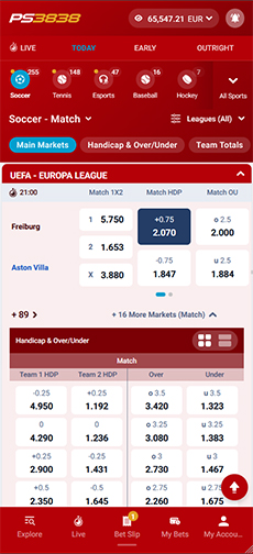 PS3838 mobile view showing UEFA Europa League Asian Handicap odds for Freiburg vs Aston Villa